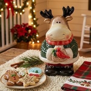Atico Ceramic Reindeer Cookie Jar Vintage Christmas Holiday Decor  Green Sweater